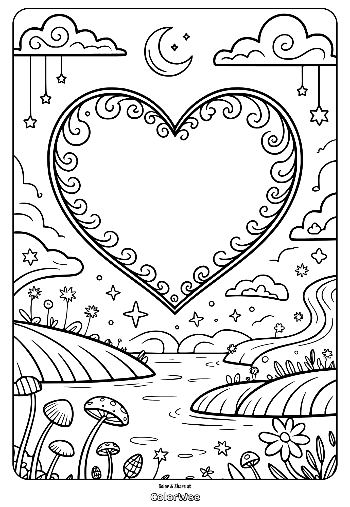 Heart-shaped scenic coloring page with stars and nature elements.
