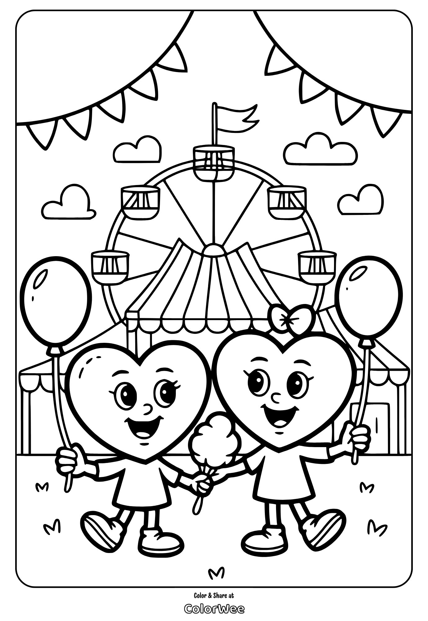 Two heart characters at a fair with balloons and Ferris wheel. Coloring page.