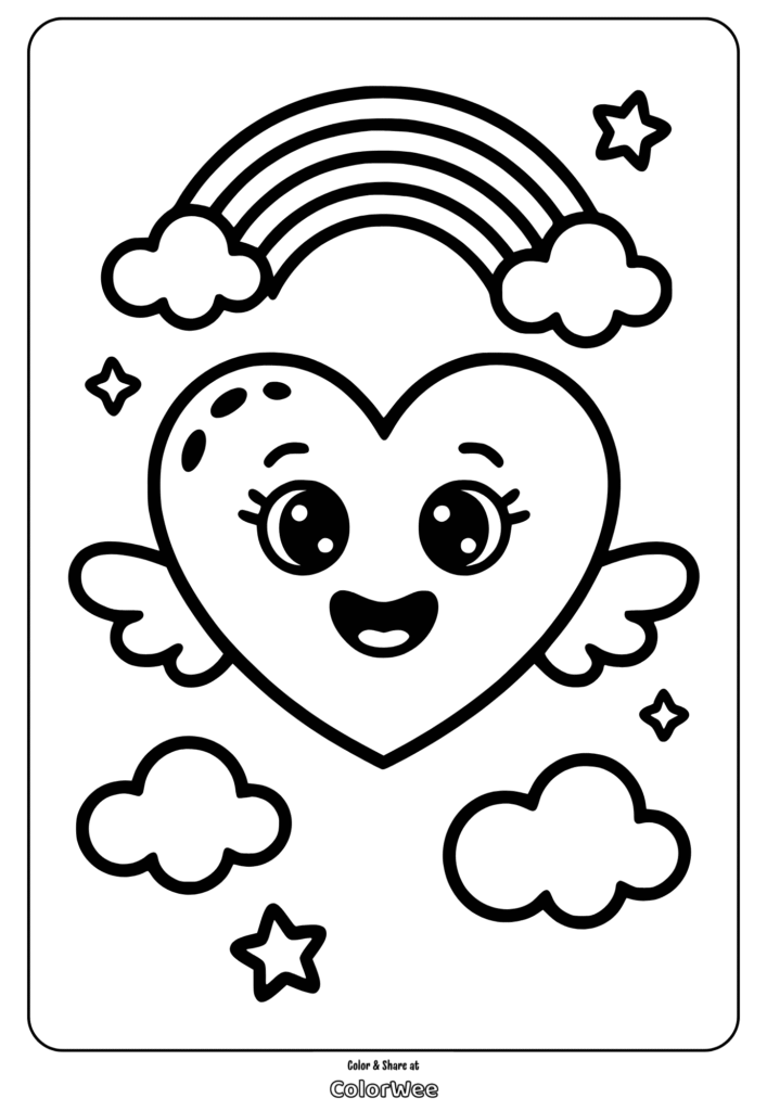 Cute heart with wings, rainbow, stars, and clouds coloring page.