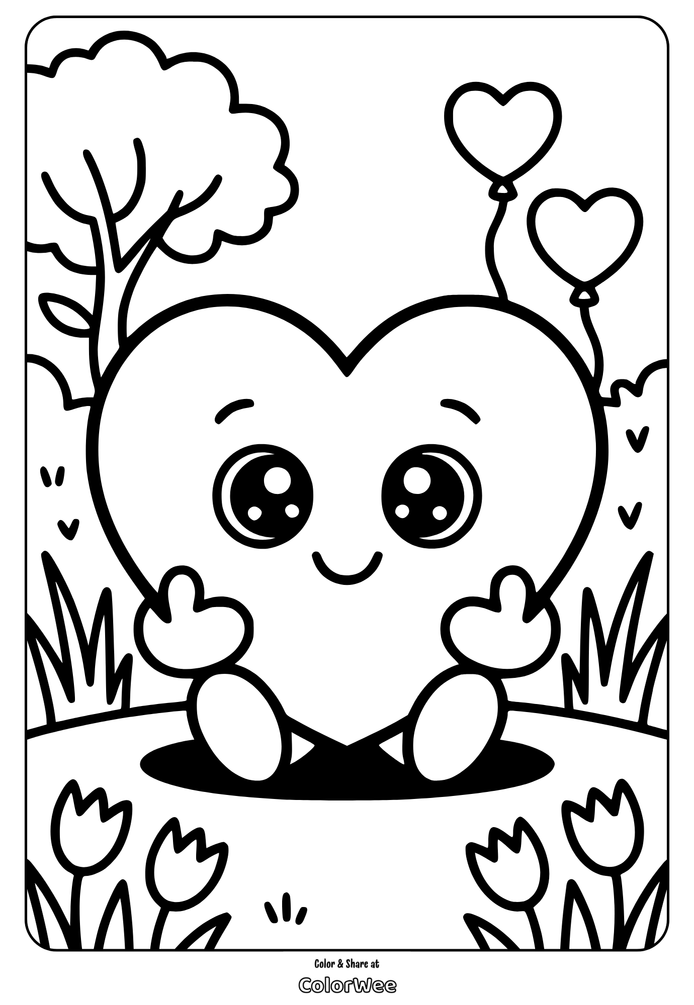 Cute heart character coloring page with balloons and flowers.