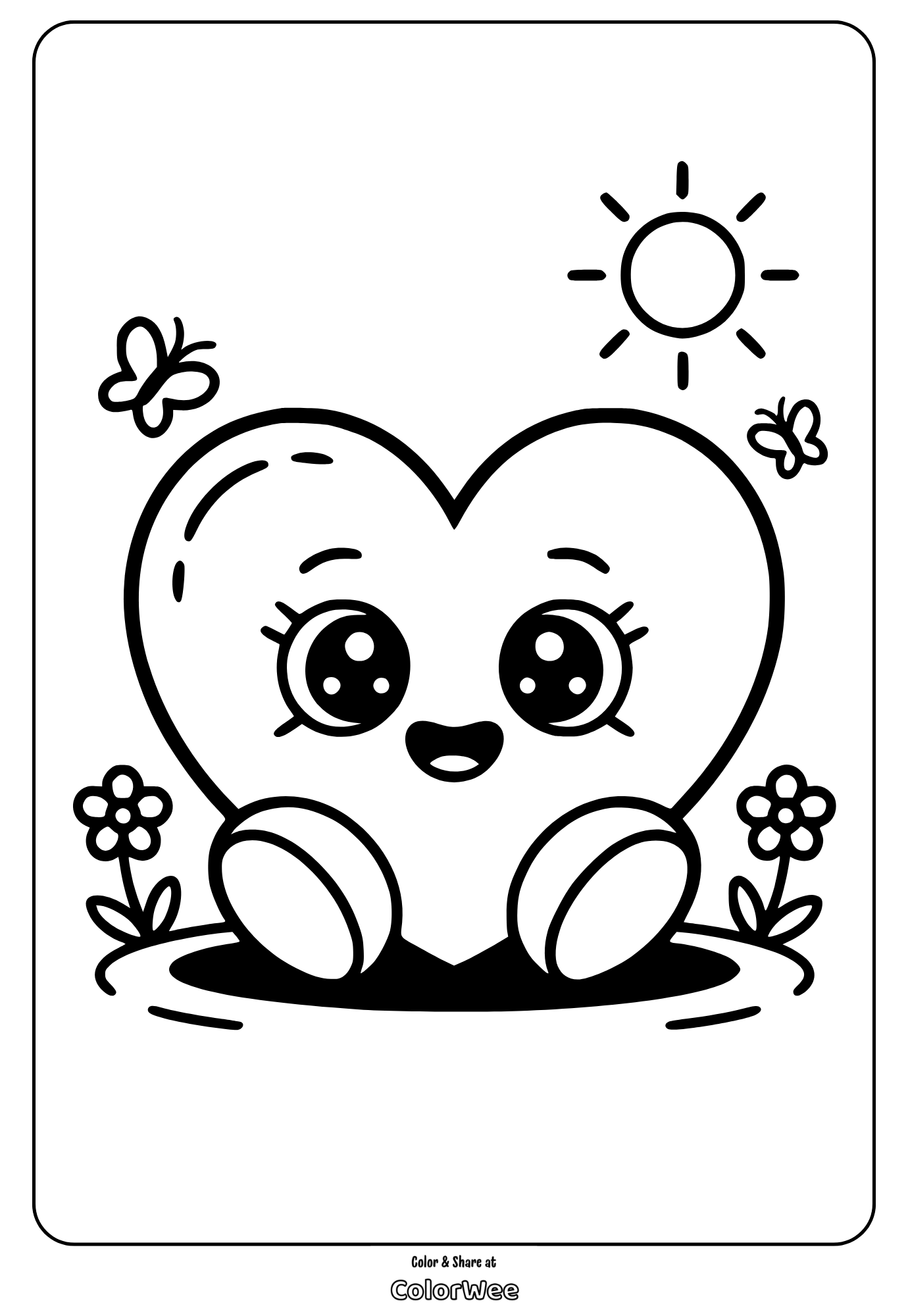 Heart character with sun, flowers, and butterflies coloring page.