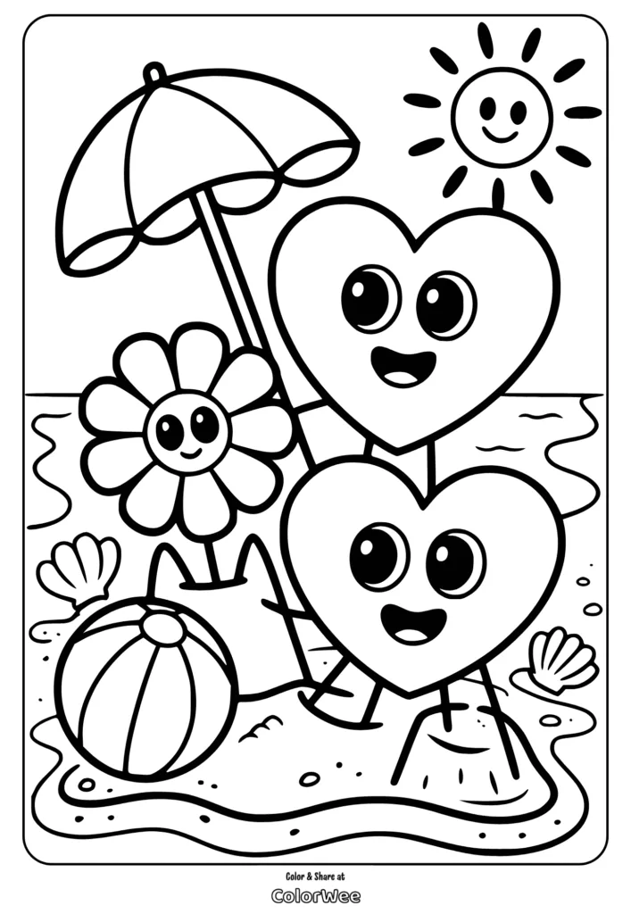 Cute beach scene coloring page with hearts, sun, and umbrella.