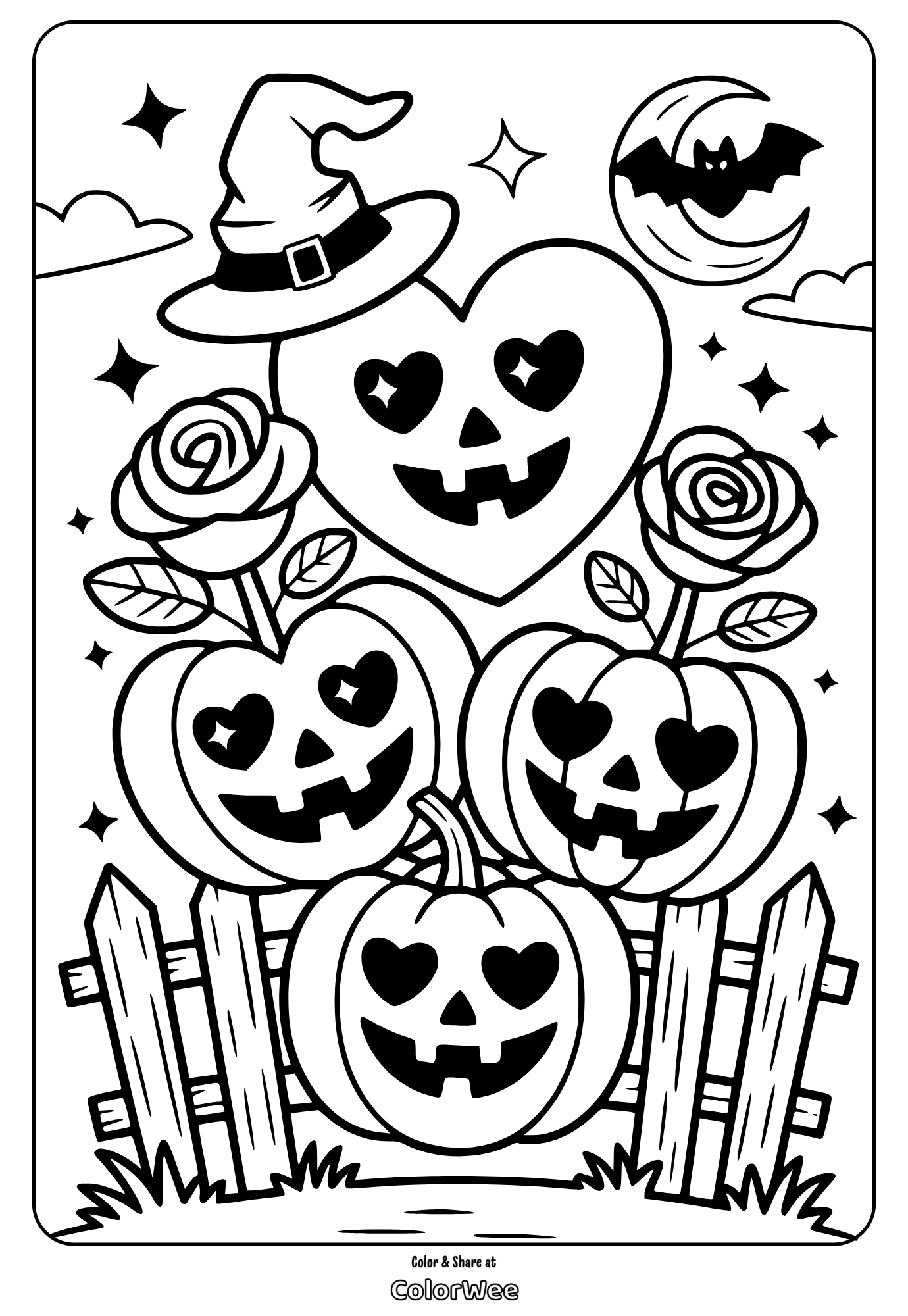 Cute Halloween pumpkin coloring page with heart eyes and witch hat.