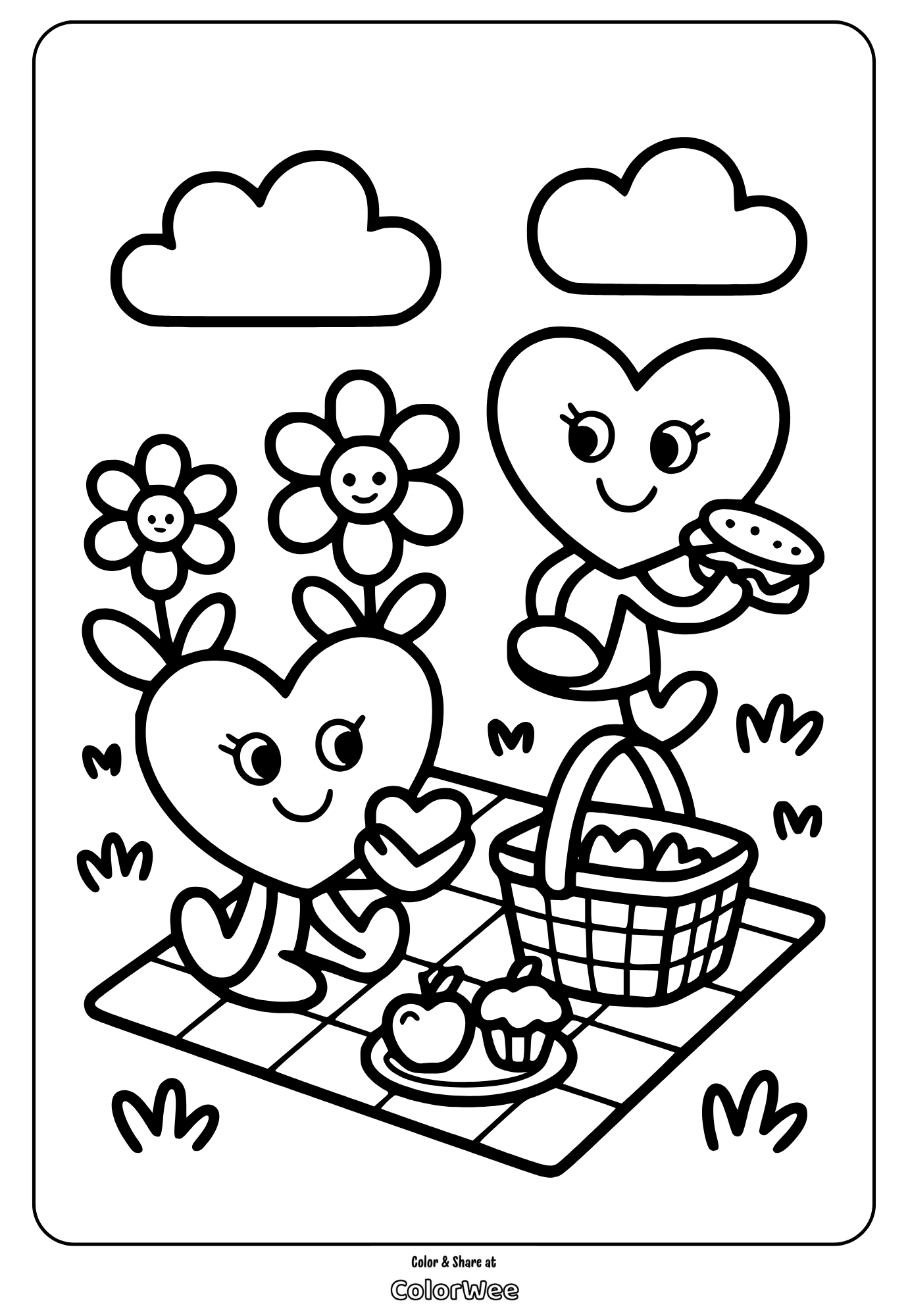 Cute heart characters on a picnic coloring page.