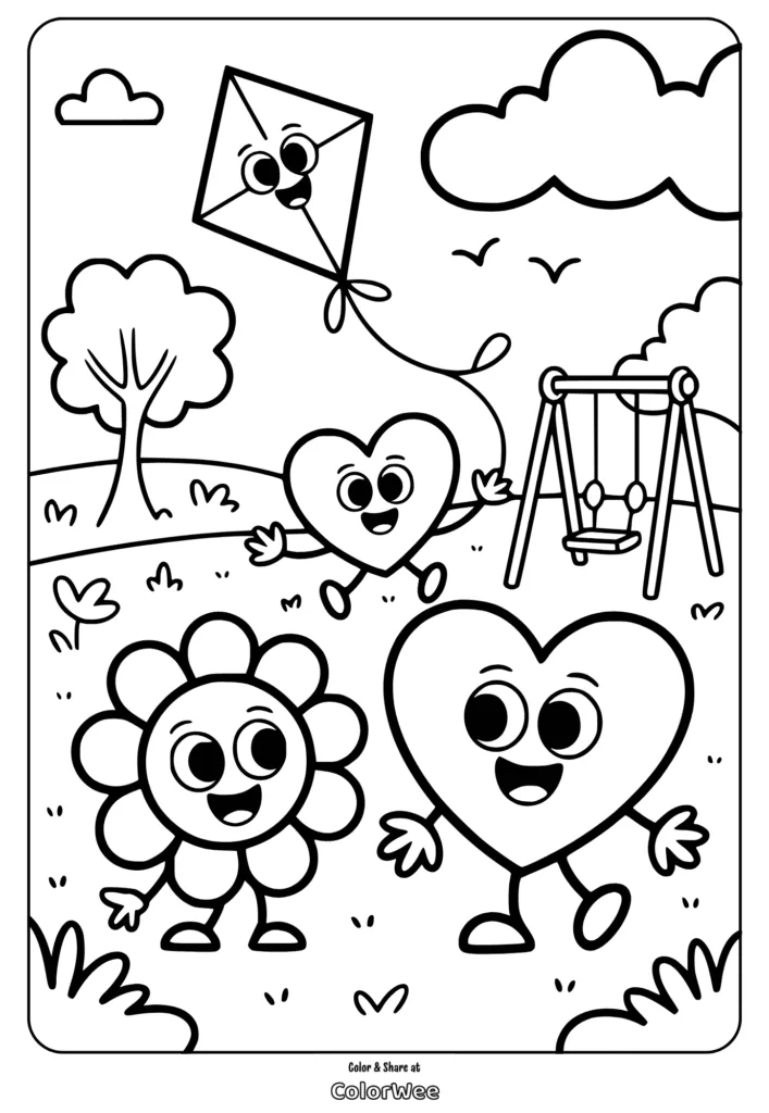Playful hearts, flower, and kite in a park coloring page.