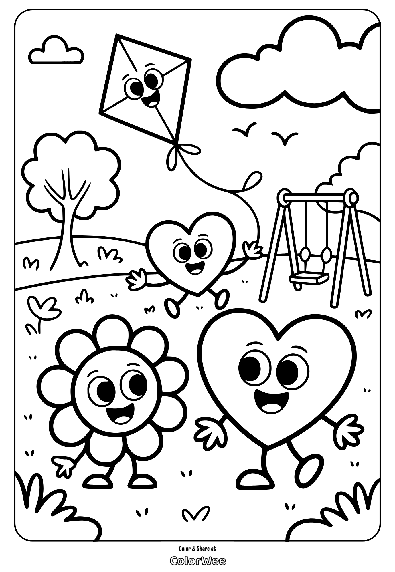 Playful hearts, flower, and kite in a park coloring page.