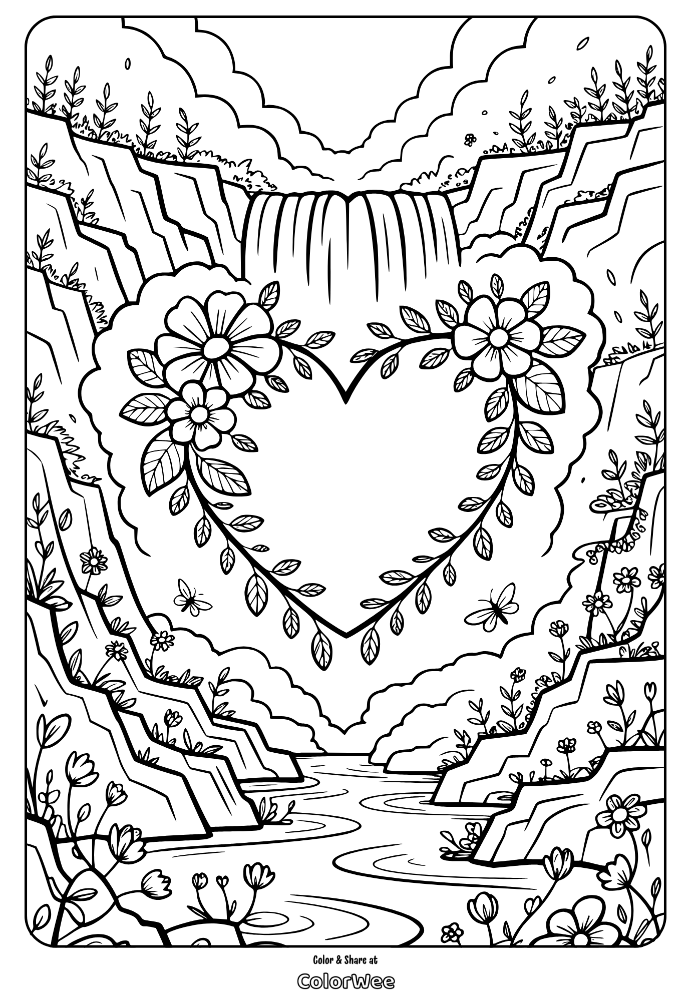 Heart-shaped floral waterfall coloring page.