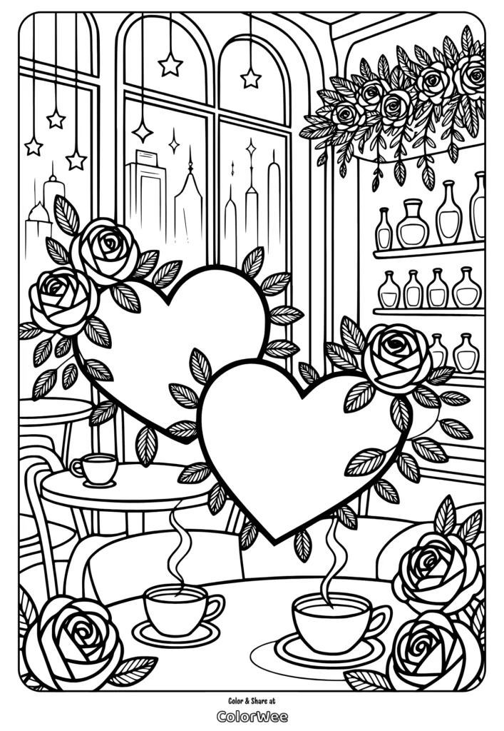 Romantic coffee shop with roses and heart shapes coloring page