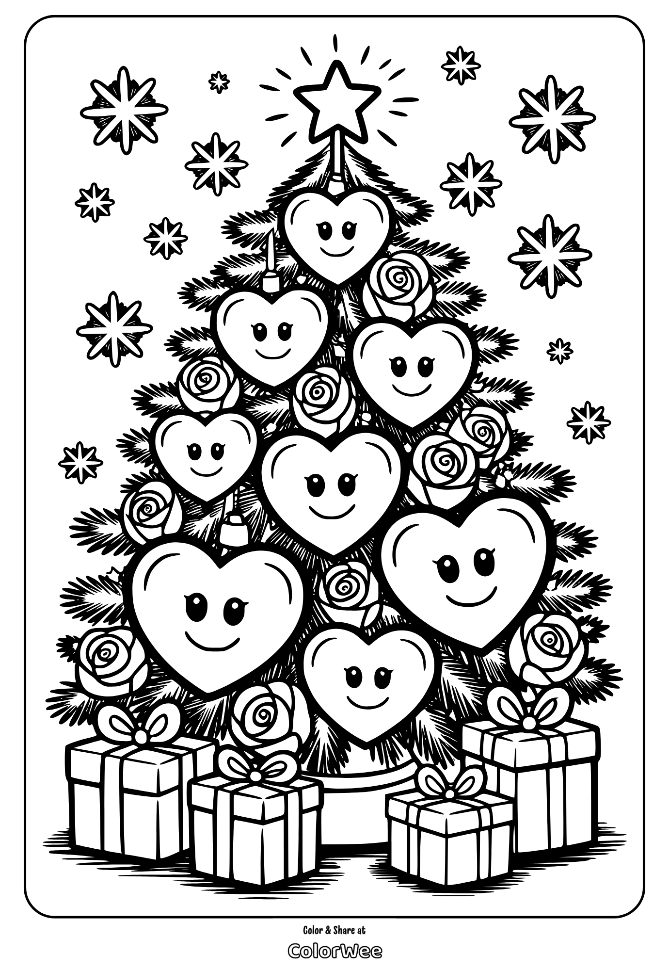 Smiling heart ornaments on a Christmas tree with gifts and stars coloring page.