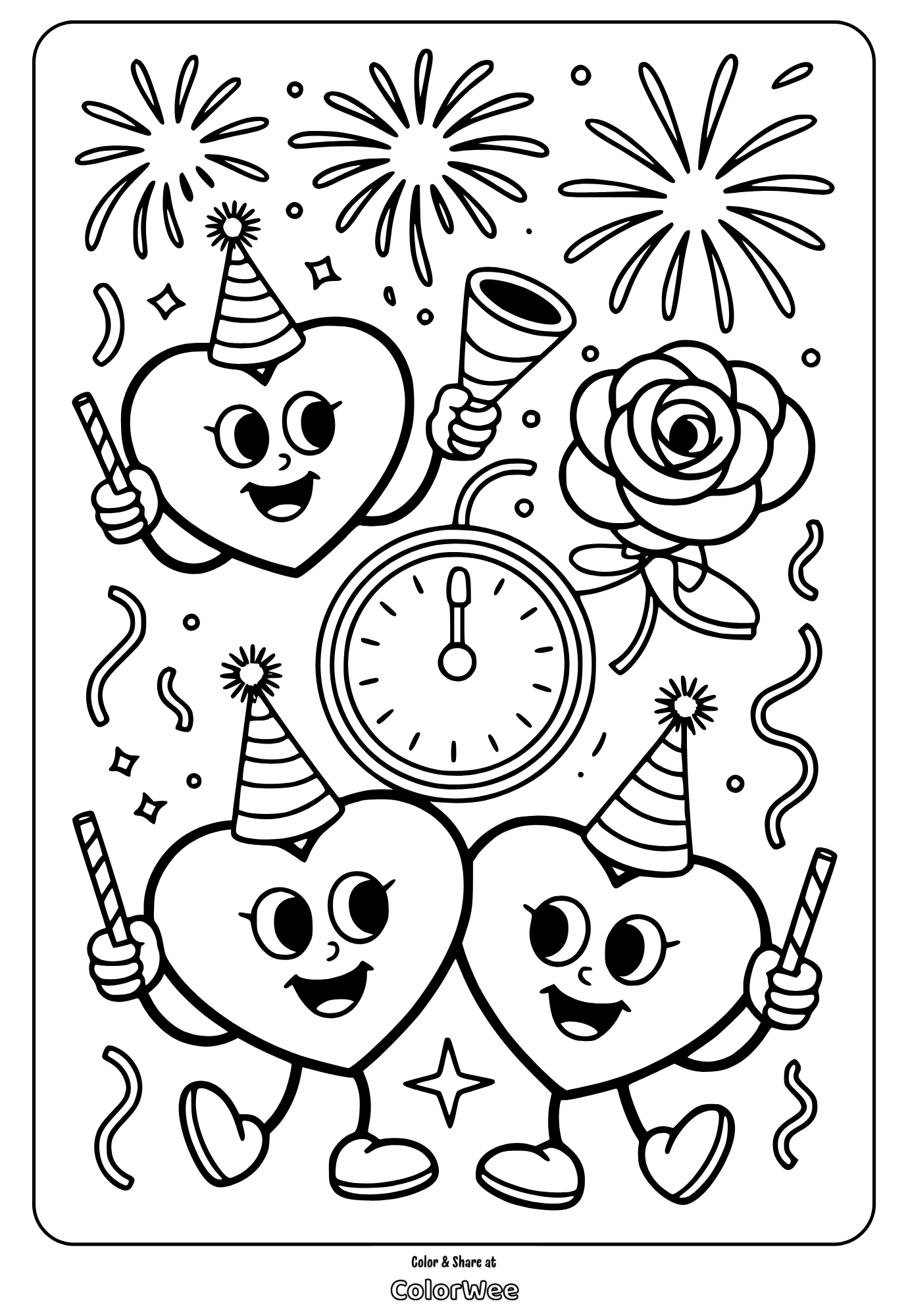 Hearts celebrating New Year's with fireworks and a clock.