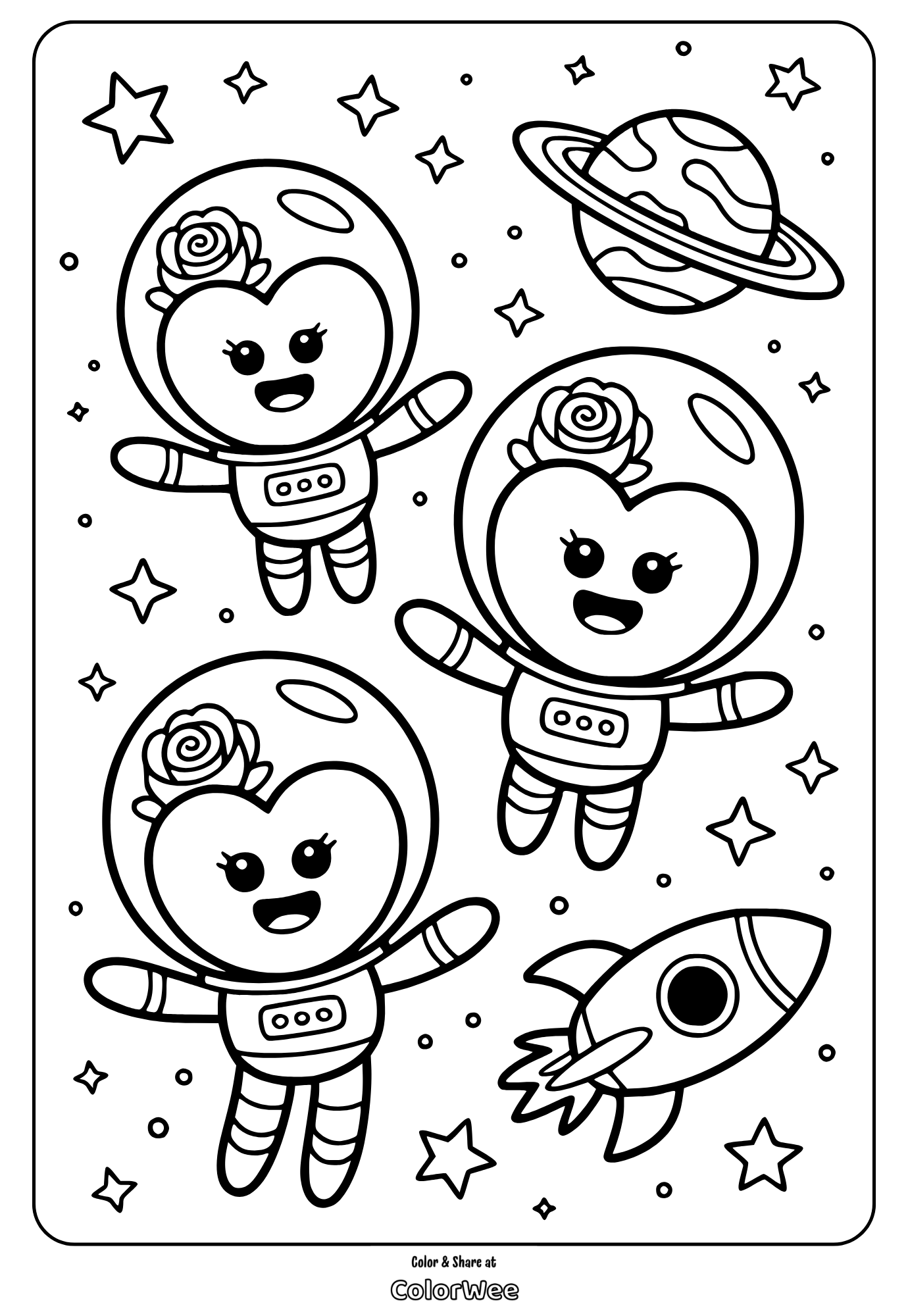 Cute space-themed coloring page with heart-shaped astronauts.