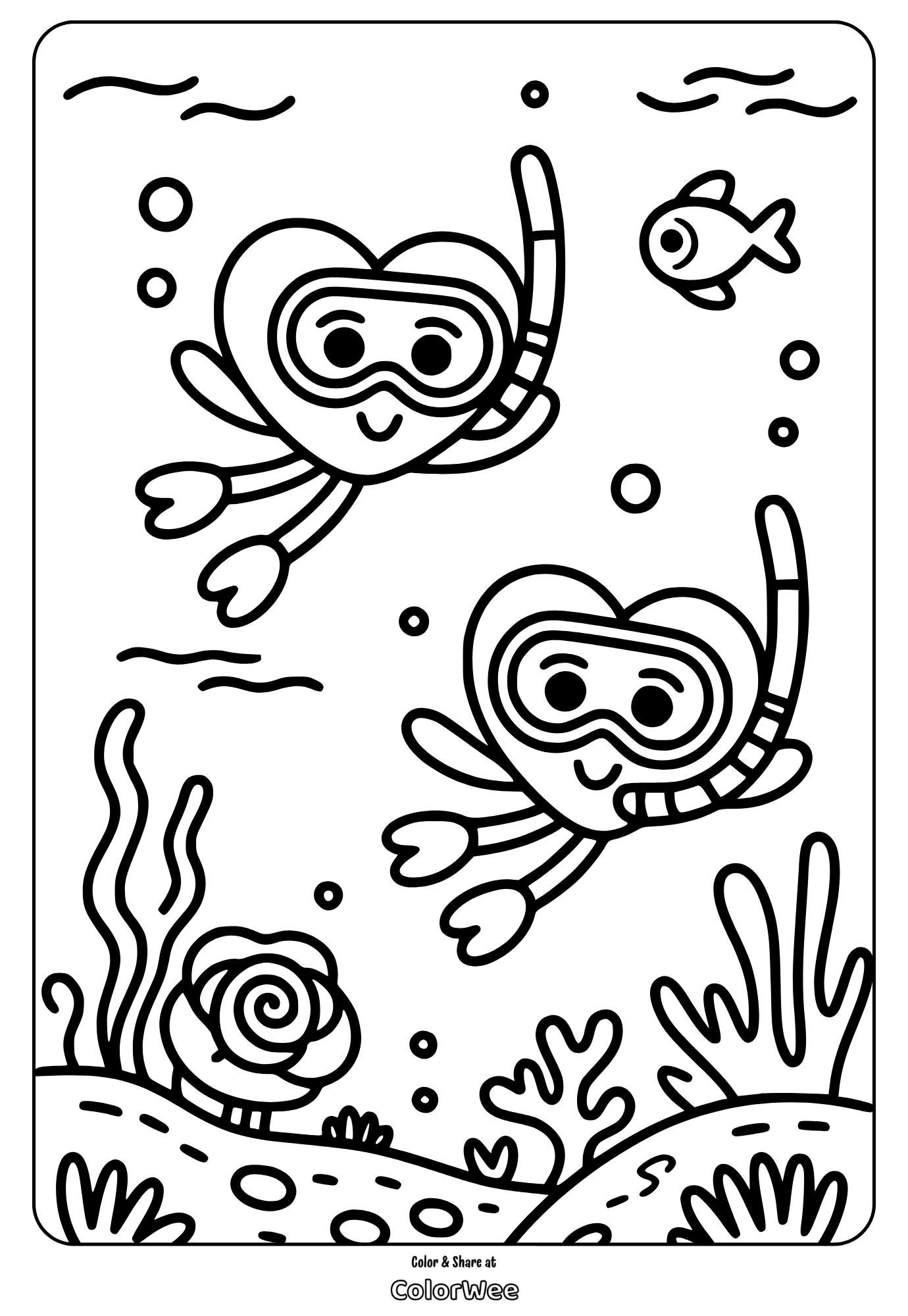 Hearts snorkeling underwater coloring page for kids.