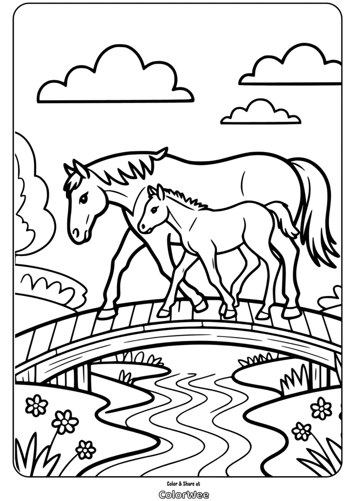 Horses crossing a bridge coloring page with scenic background.