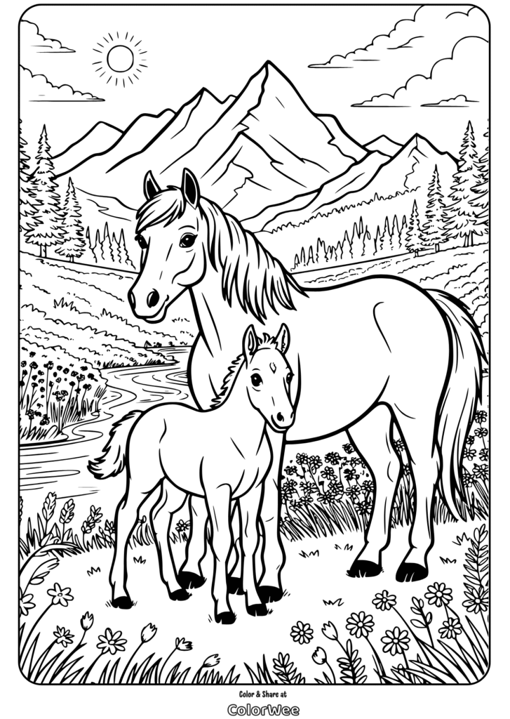 Horse and foal in a mountain landscape coloring page.