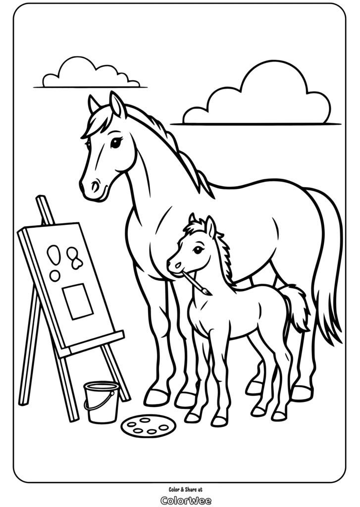 Horses creating art outdoors coloring page.