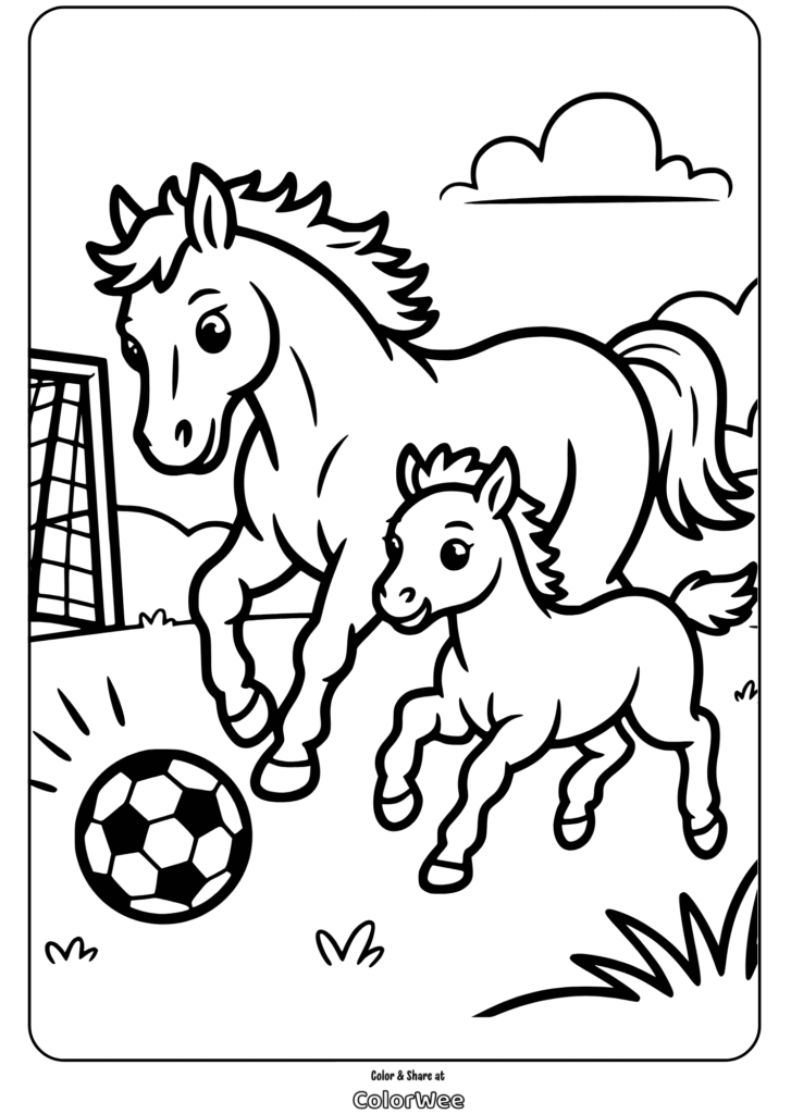 Horses playing soccer on a fun coloring page.