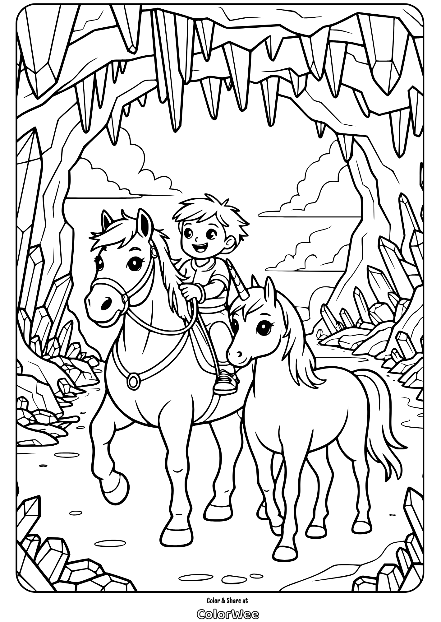 horse and unicorn adventuring in crystal cave coloring page Child rides horse in crystal cave coloring page.