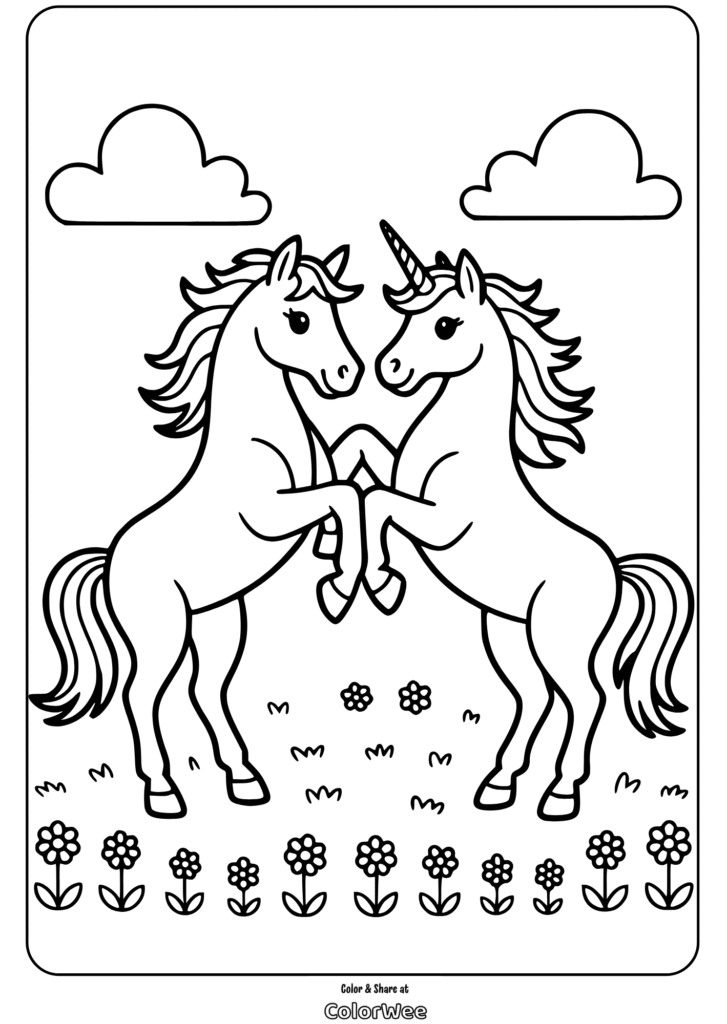 Unicorns coloring page for kids with flowers and clouds background.