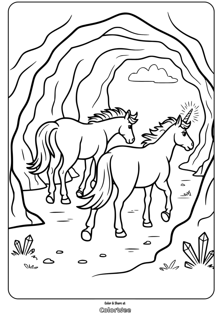 Unicorns exploring a magical cave coloring page.