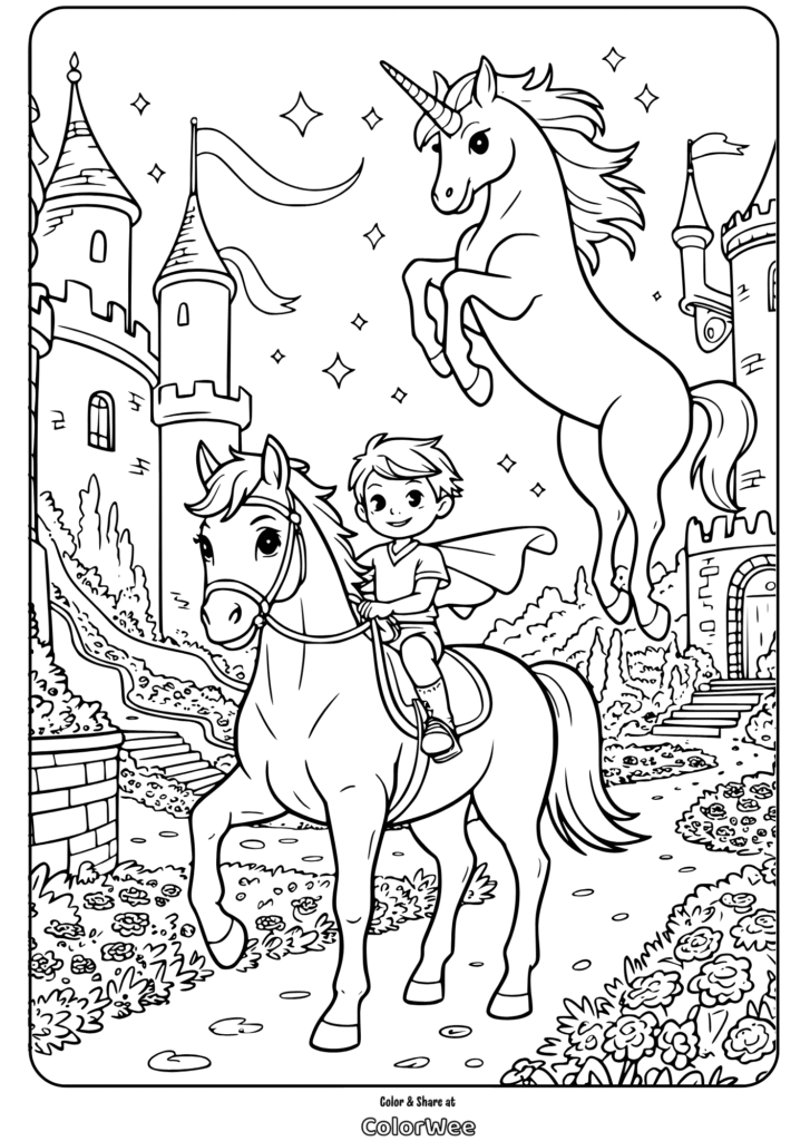 Child rides horse beside unicorn by castle, magical coloring page.