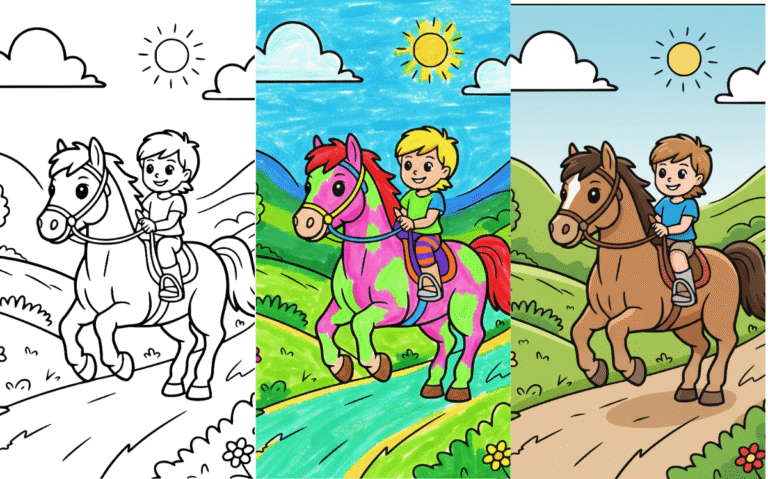 Child riding a horse in a colorful landscape coloring page.