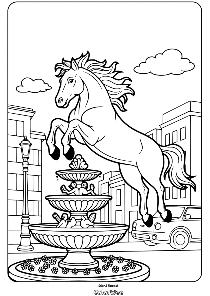 Coloring page: horse jumping over fountain in town scene