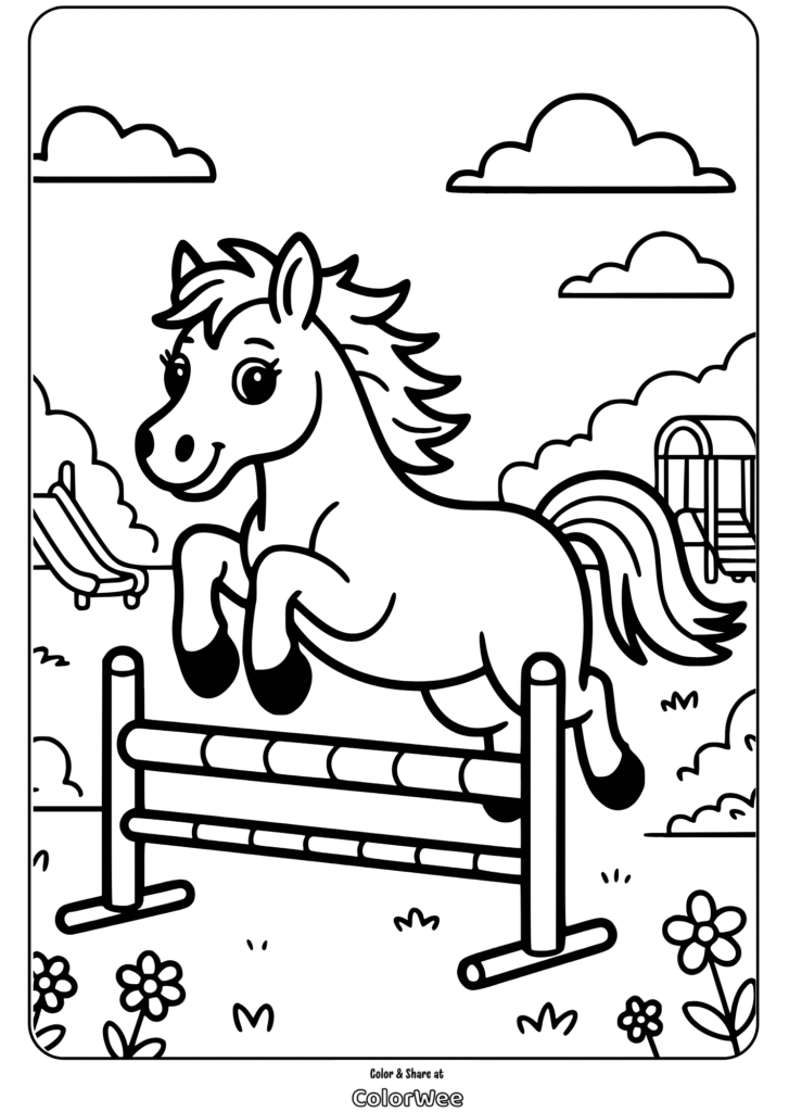 Cute pony jumping over hurdle in playground coloring page.