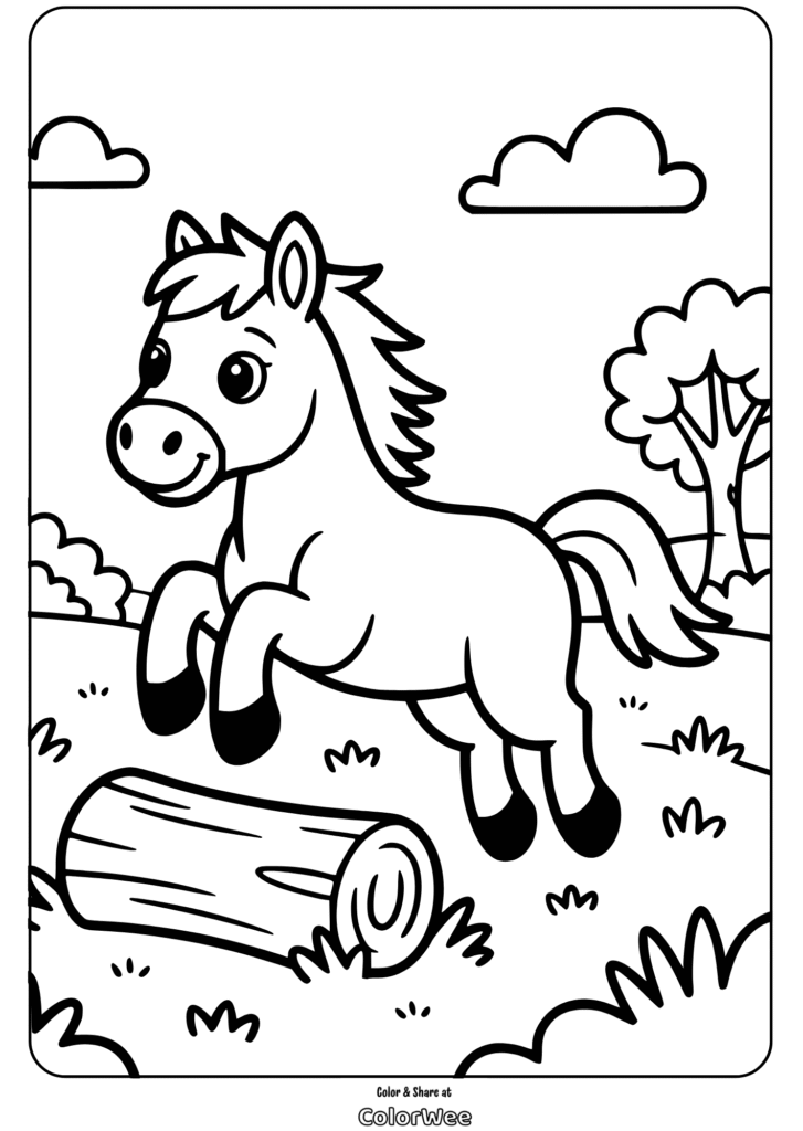 Cute horse jumping over log coloring page.