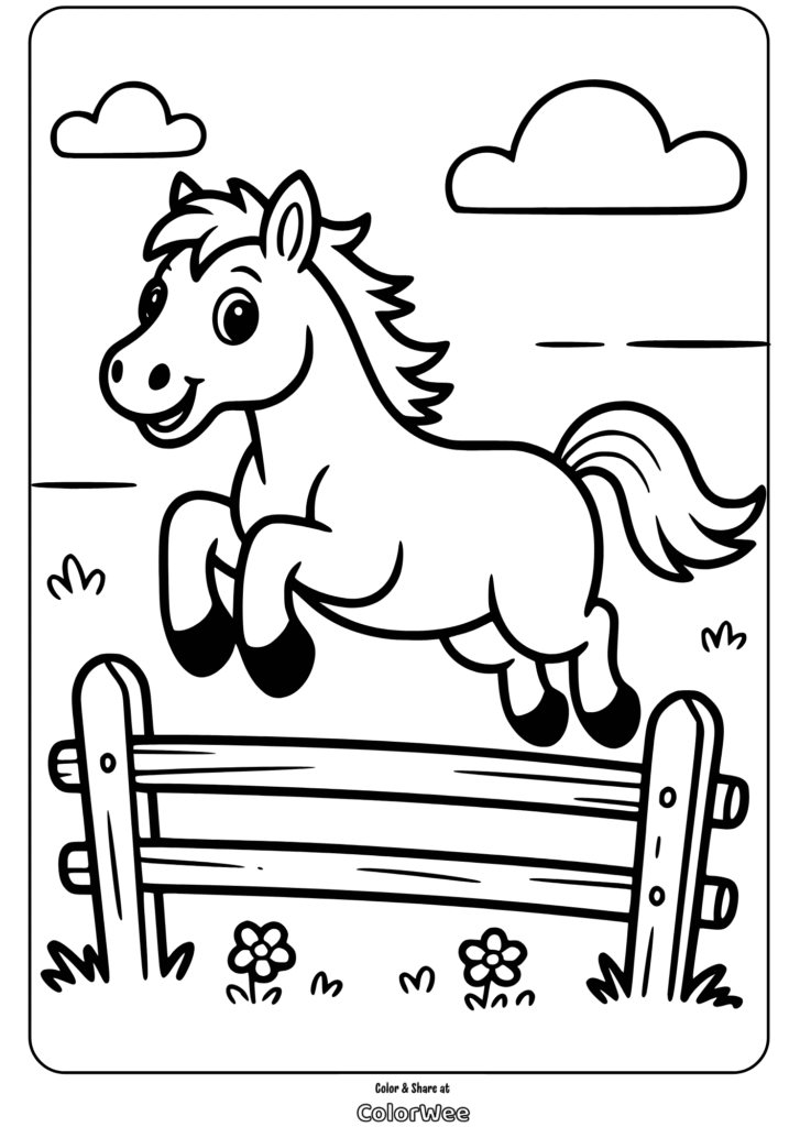 Happy horse jumping over fence coloring page.