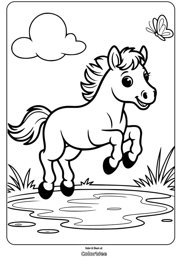 Cute pony jumping near a pond with a butterfly in the sky.