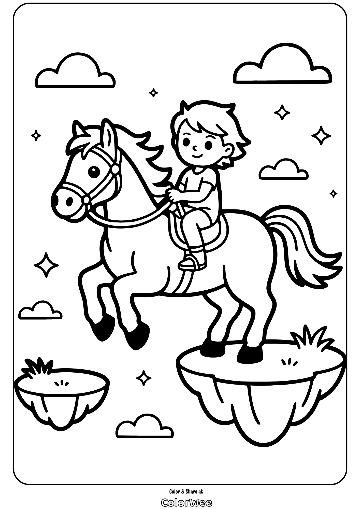 horse riding on floating islands coloring sheet Child riding a horse in a magical landscape coloring page.