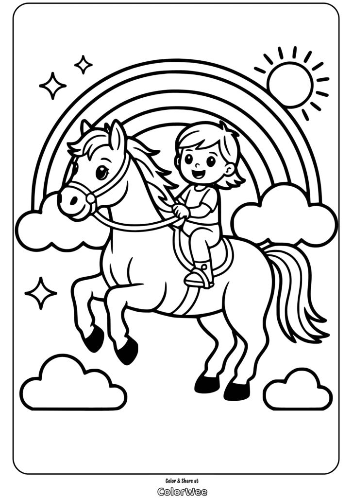 Child riding horse under rainbow in coloring page