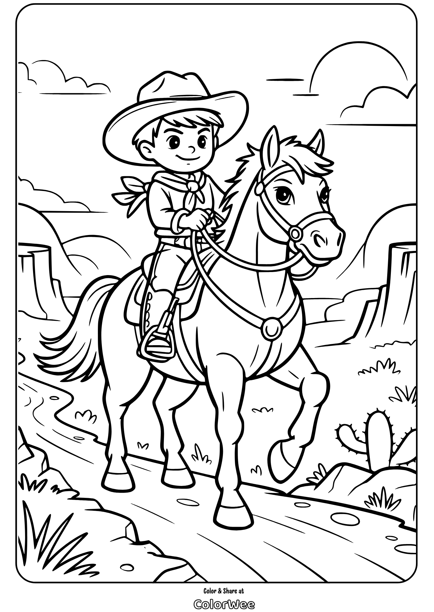 horse riding on western trail coloring page Child riding a horse in western landscape coloring page.