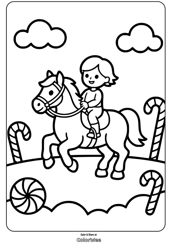 Child riding a horse in candy land coloring page.