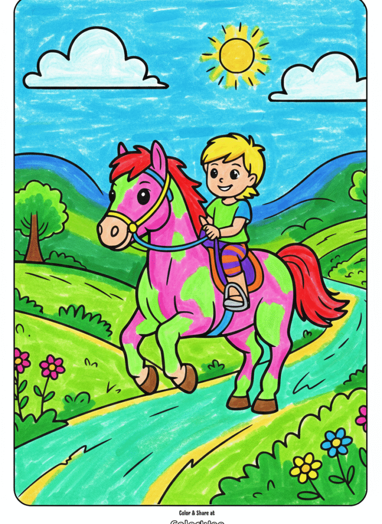 horse riding through enchanted valley 10 year old coloring page Child riding a colorful horse on a sunny day coloring page.