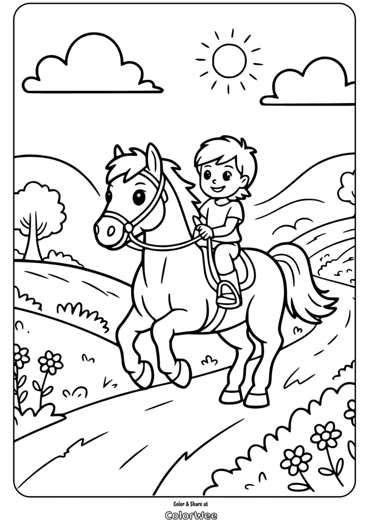 Child riding a horse on a sunny day coloring page.