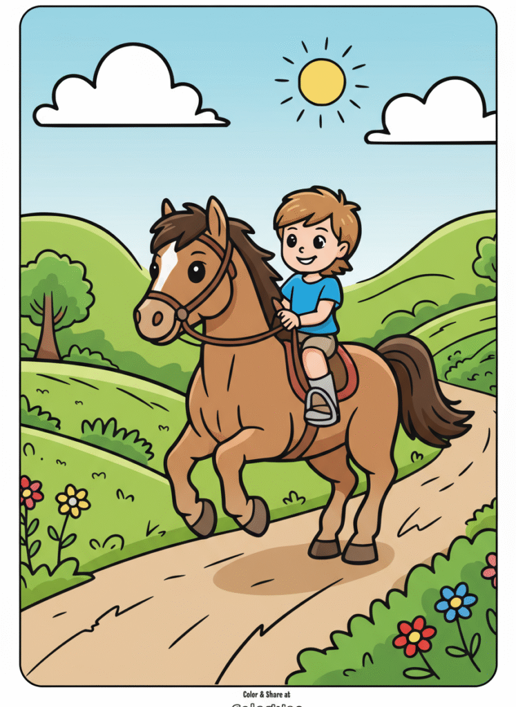 Child rides horse through sunny countryside coloring page.