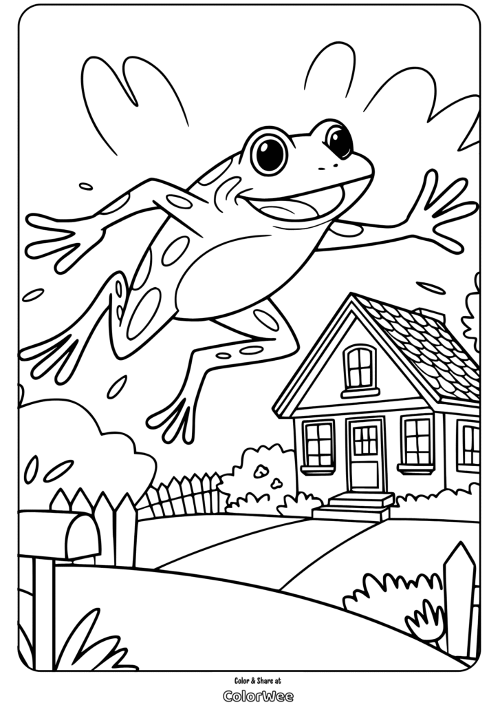 Friendly frog leaping near house coloring page.