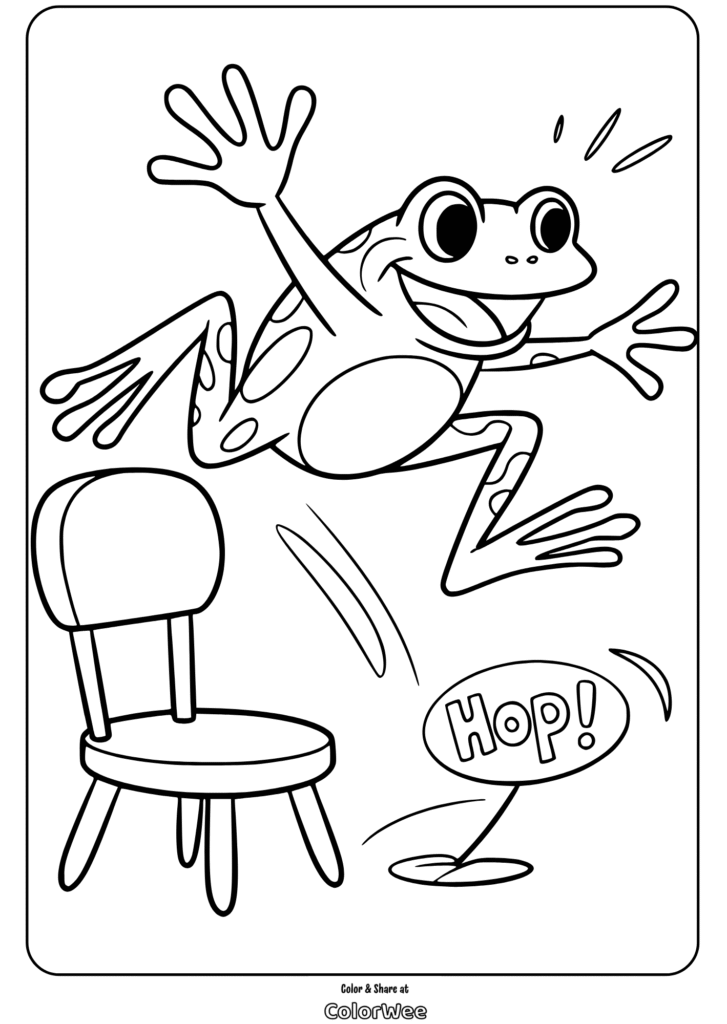 Cartoon frog jumping over a chair, ready to color.