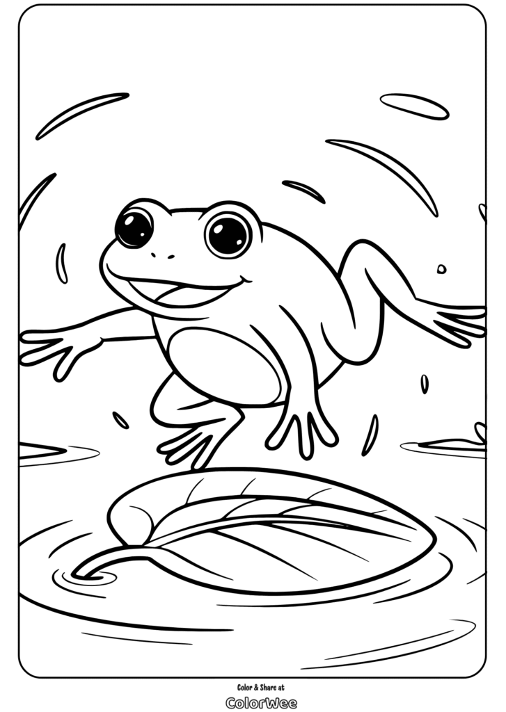 Cute frog leaping onto lily pad coloring page.