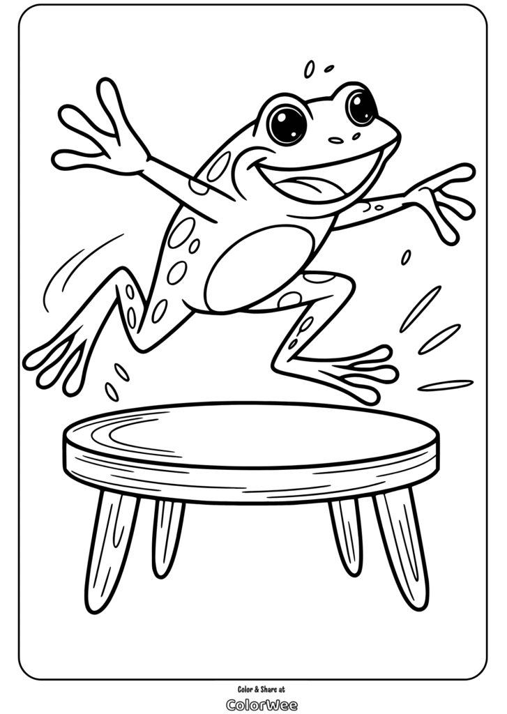 Jumping frog over a stool coloring page.
