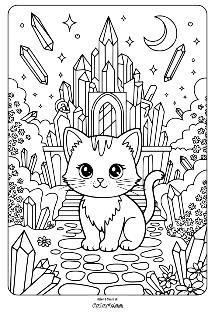 Cute cat with crystals and castle coloring page.