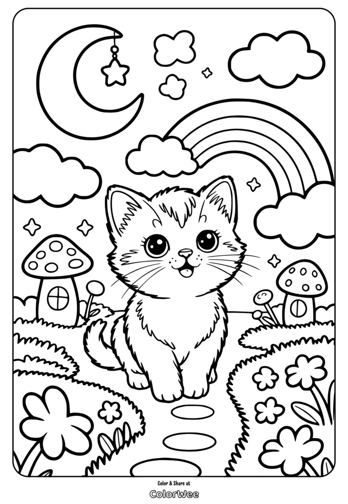 Cute kitten coloring page with a moon and rainbow background.