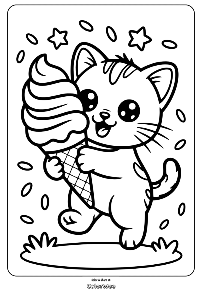 Happy cat with ice cream coloring page for kids.