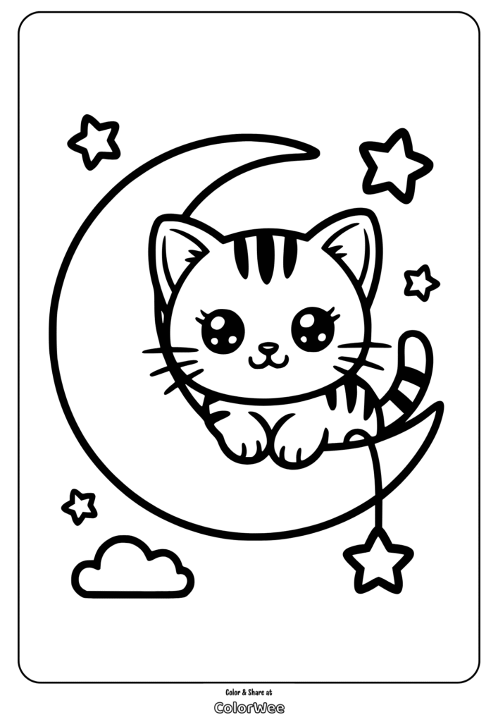 Cartoon kitten on a crescent moon with stars coloring page.