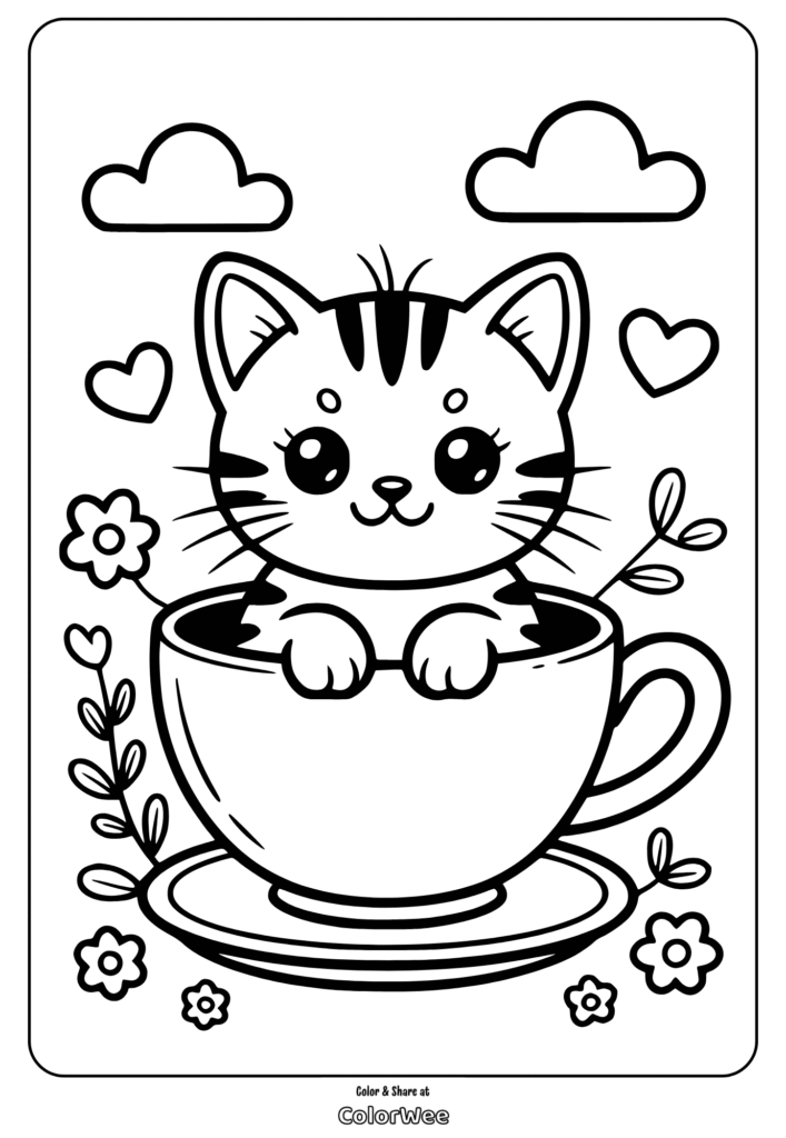 Cute kitten in teacup coloring page with hearts and flowers.
