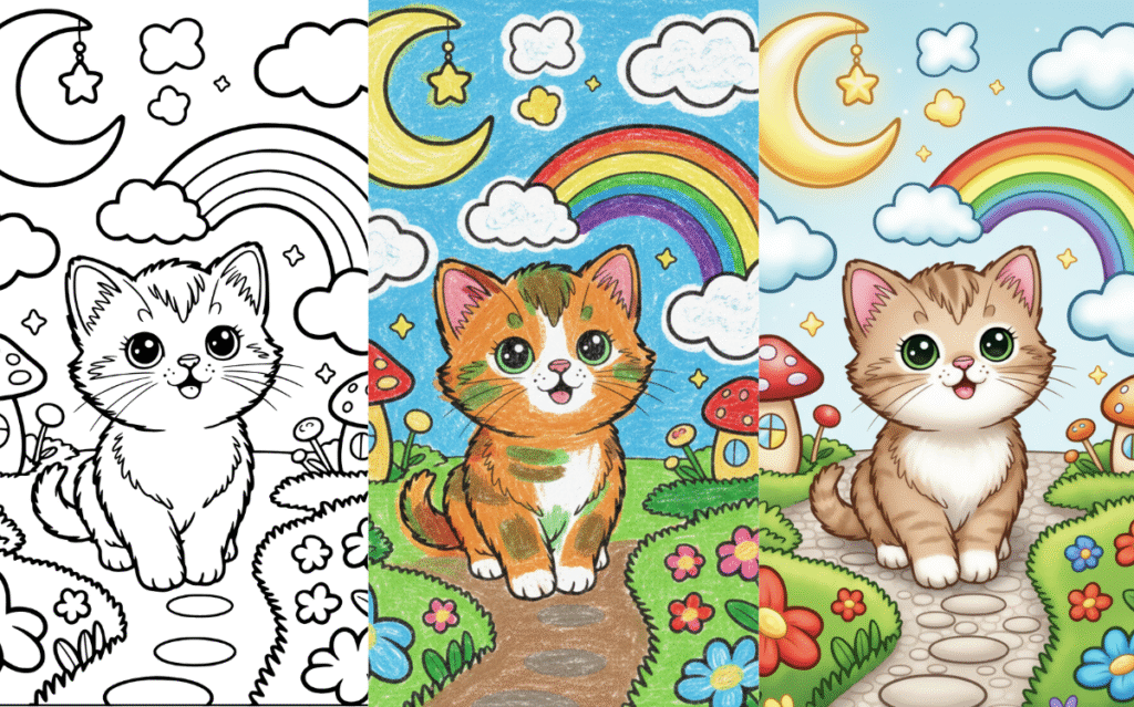 Cute kitten with rainbow, stars, and moon coloring page.