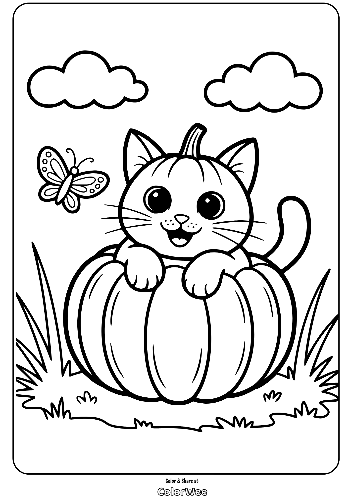 Kitten in pumpkin coloring page with butterfly and clouds.