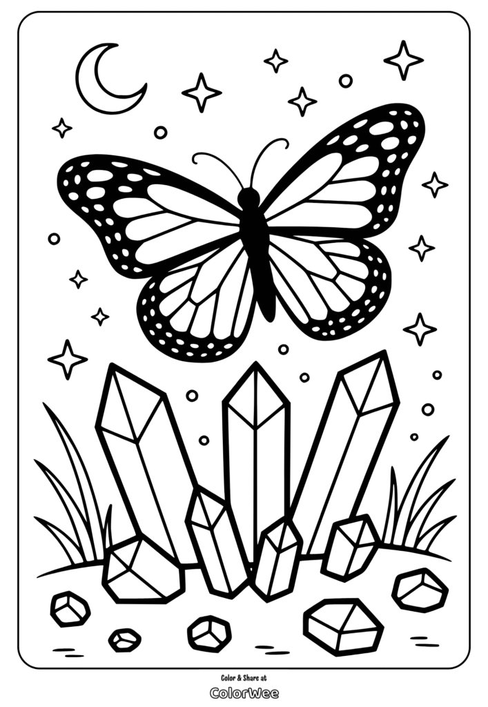 Butterfly and crystals coloring page with stars and moon.