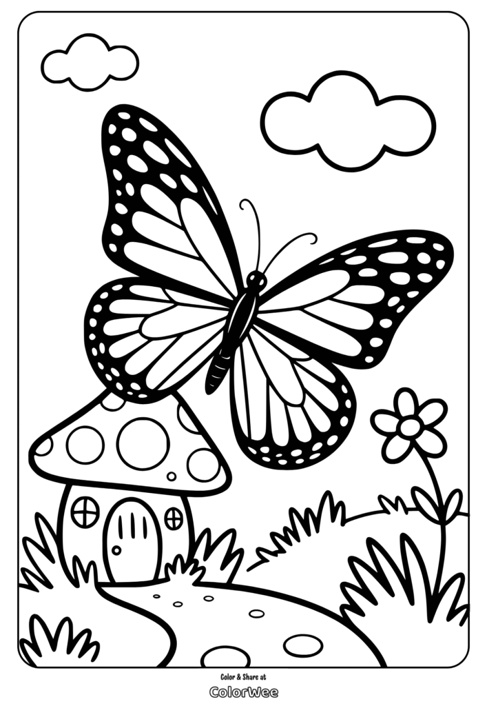 Butterfly over mushroom house coloring page with clouds and flower.